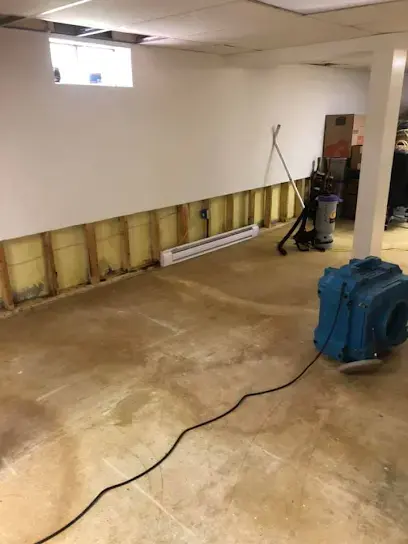 Basement room with drywall cut along the bottom and a dehumidifier on the concrete floor