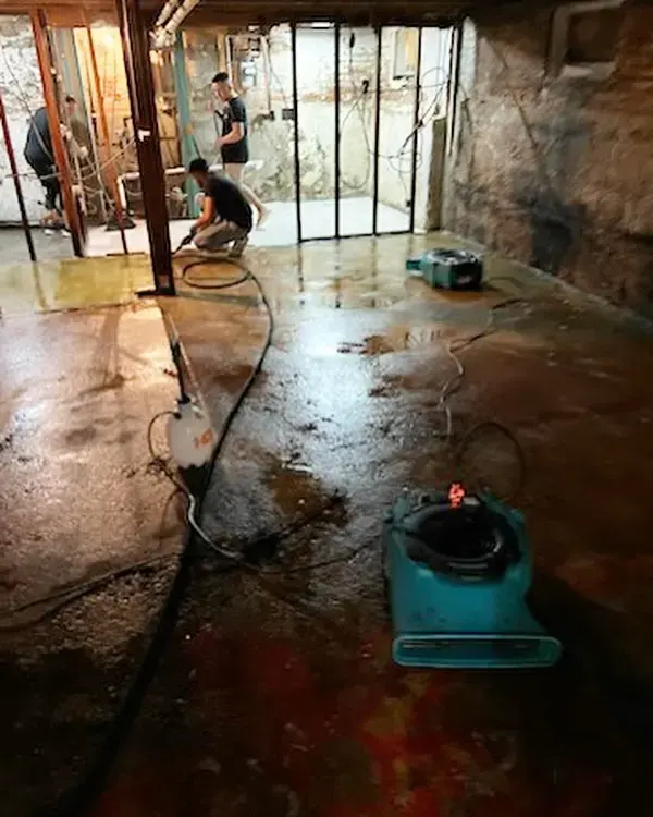 Basement walls opened to the studs with an air mover on wet concrete in a Wareham home