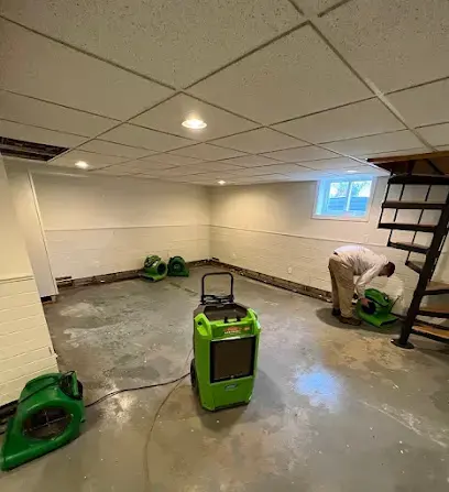 Green dehumidifier and air movers running in a finished Wareham basement beside a technician
